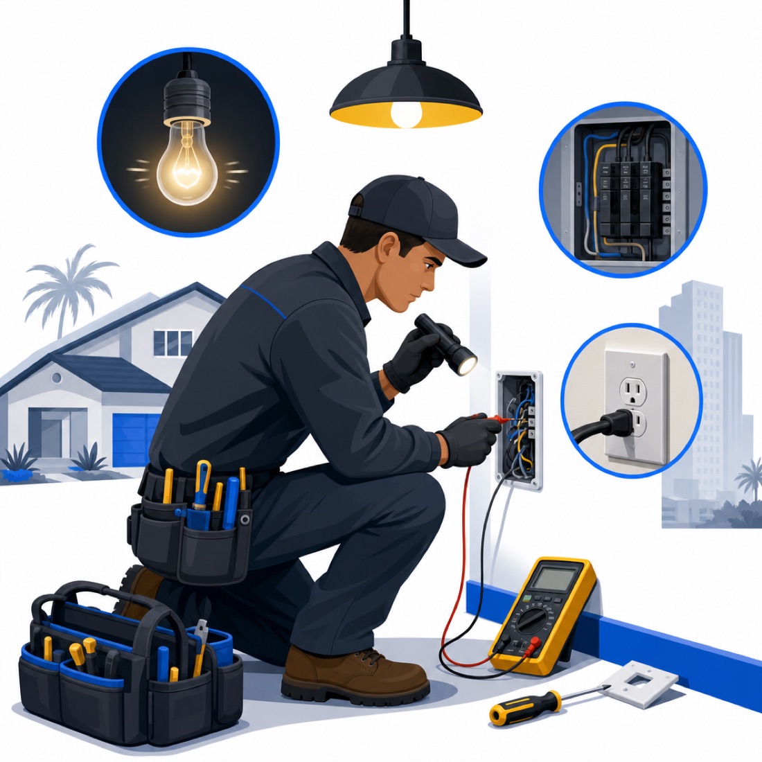 Electrician diagnosing flickering lights